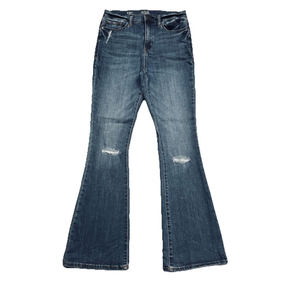 Ana High Rise Flare Jeans 6 (28x30) Dark Medium Blue Distressed Stretch Womens